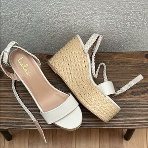 Lulu's White Braided Espadrille Platform Wedge Sandals with Ankle wrap strap 9